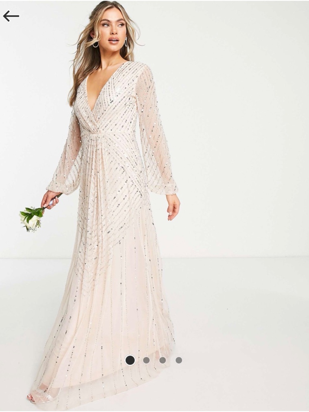 ASOS Champagne Beaded Long Sleeve V-Neck Maxi Dress